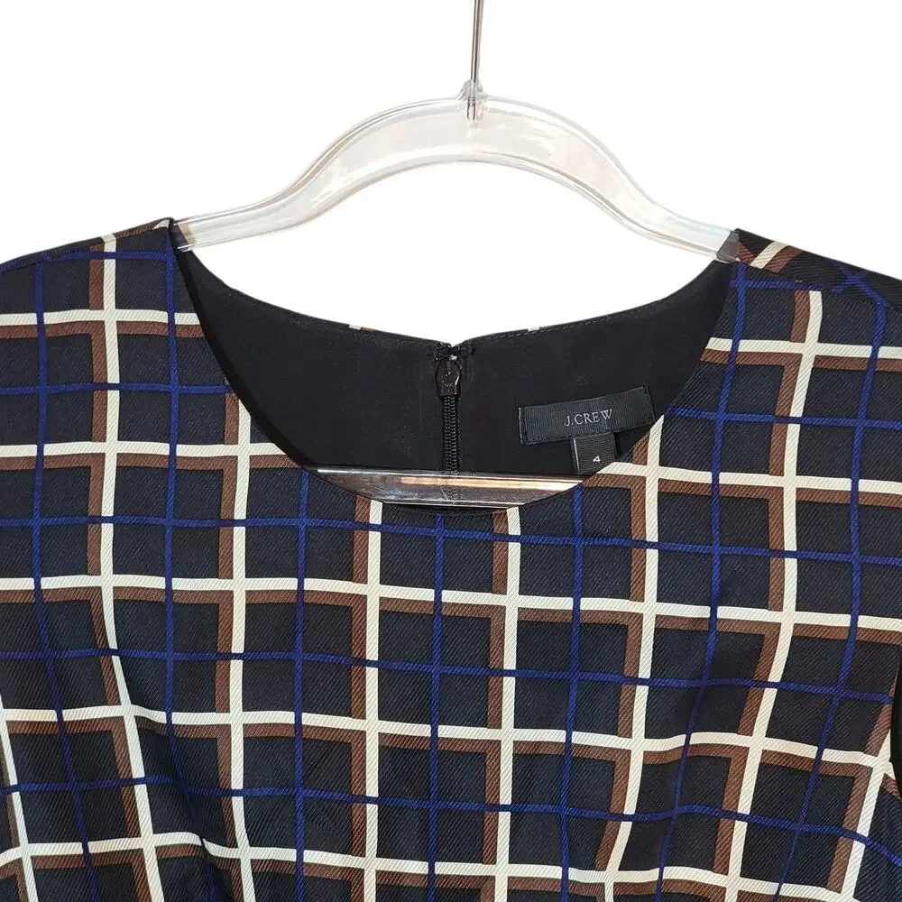 J.Crew Silk Windowpane A-Line Midi Dress Black Tan Navy Jewel Neck Classic 4 NWT